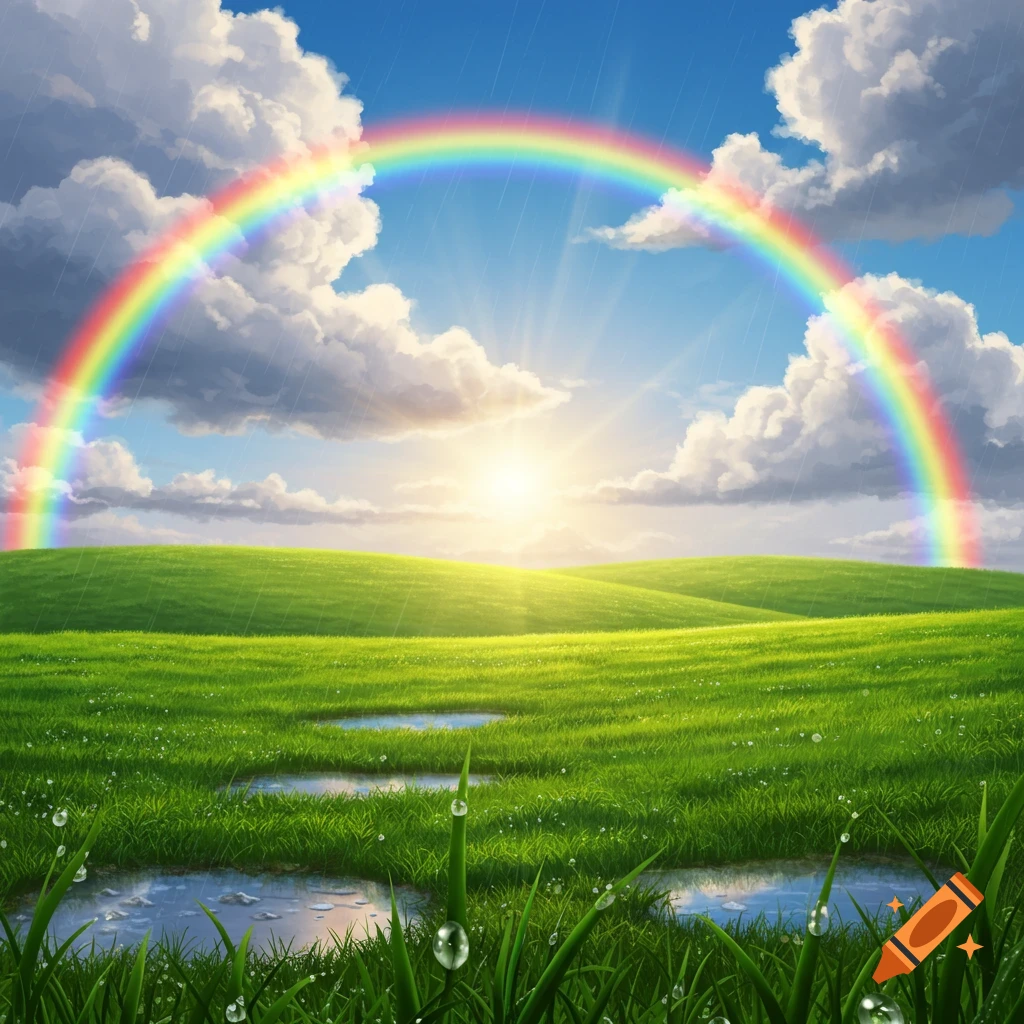 A vibrant cartoon landscape with green rolling hills, a bright sun, a colorful rainbow, fluffy clouds, and puddles with grass blades.