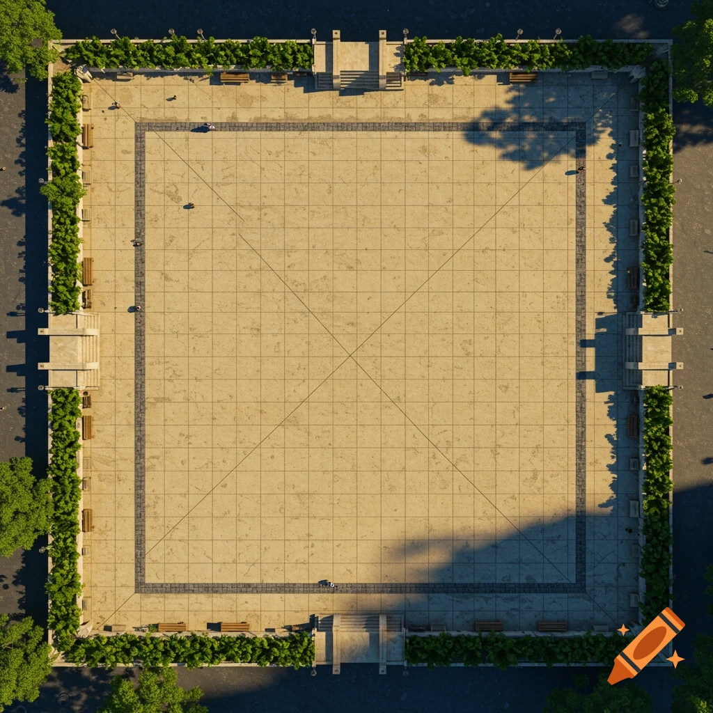 Aerial view of a square, tiled urban plaza with perimeter greenery, benches, and stairs on dark pavement, under dappled sunlight.