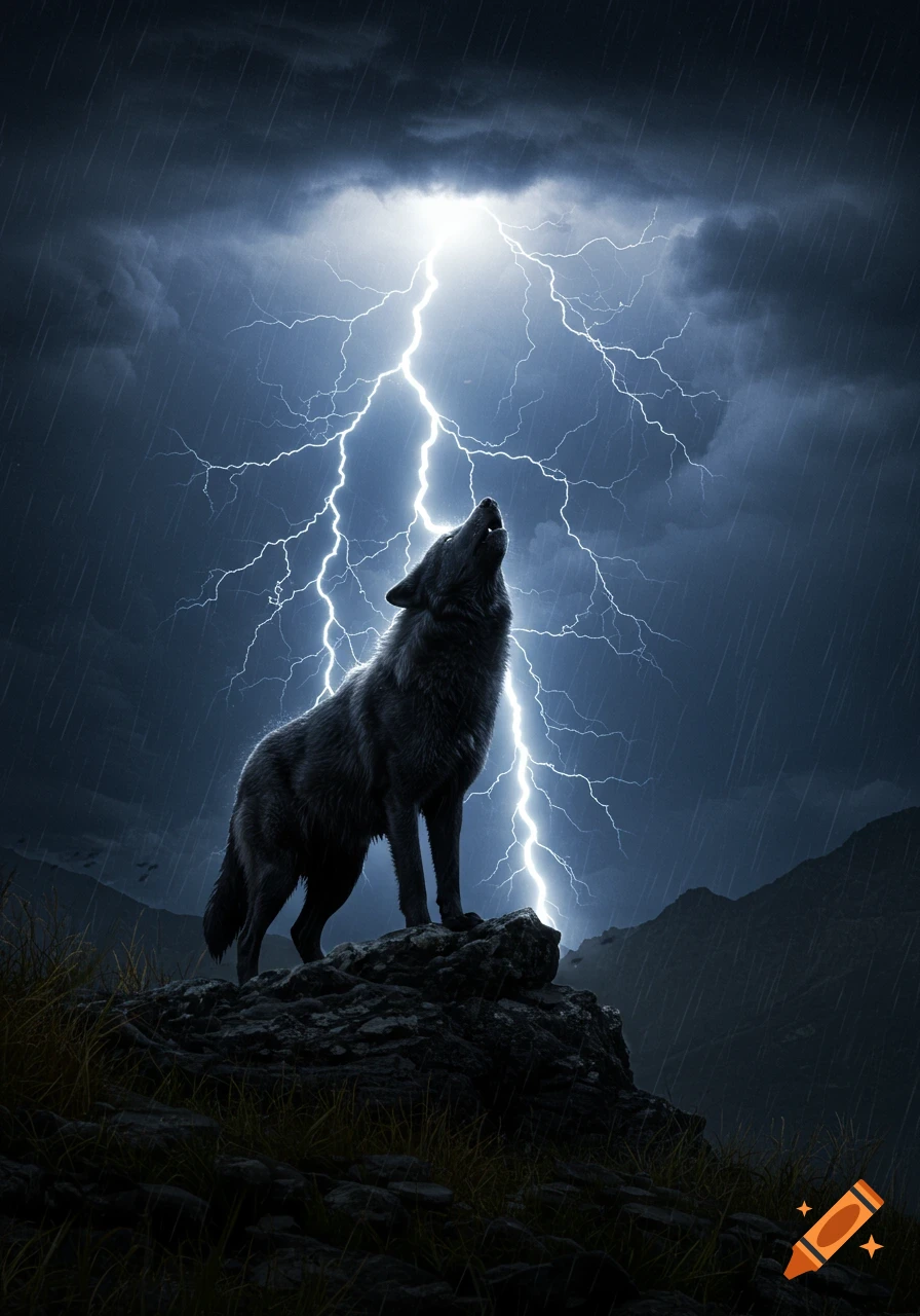 A black wolf howls on a rocky peak, illuminated by a brilliant lightning strike during a dark, rainy thunderstorm with distant mountains.