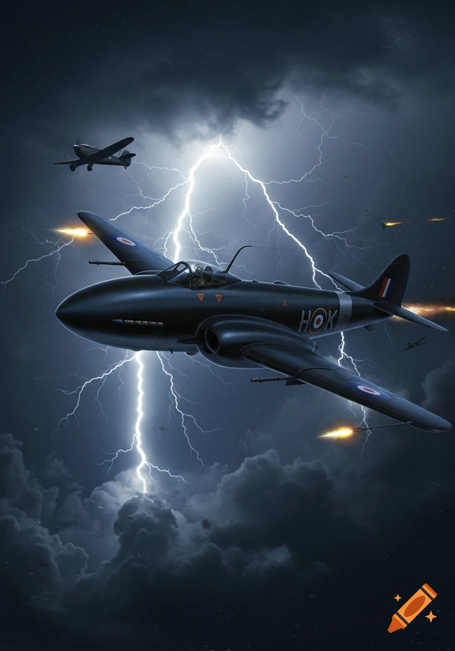 Photorealistic image of a black De Havilland Vampire jet fighter flying through a lightning storm, firing its guns at a distant plane.