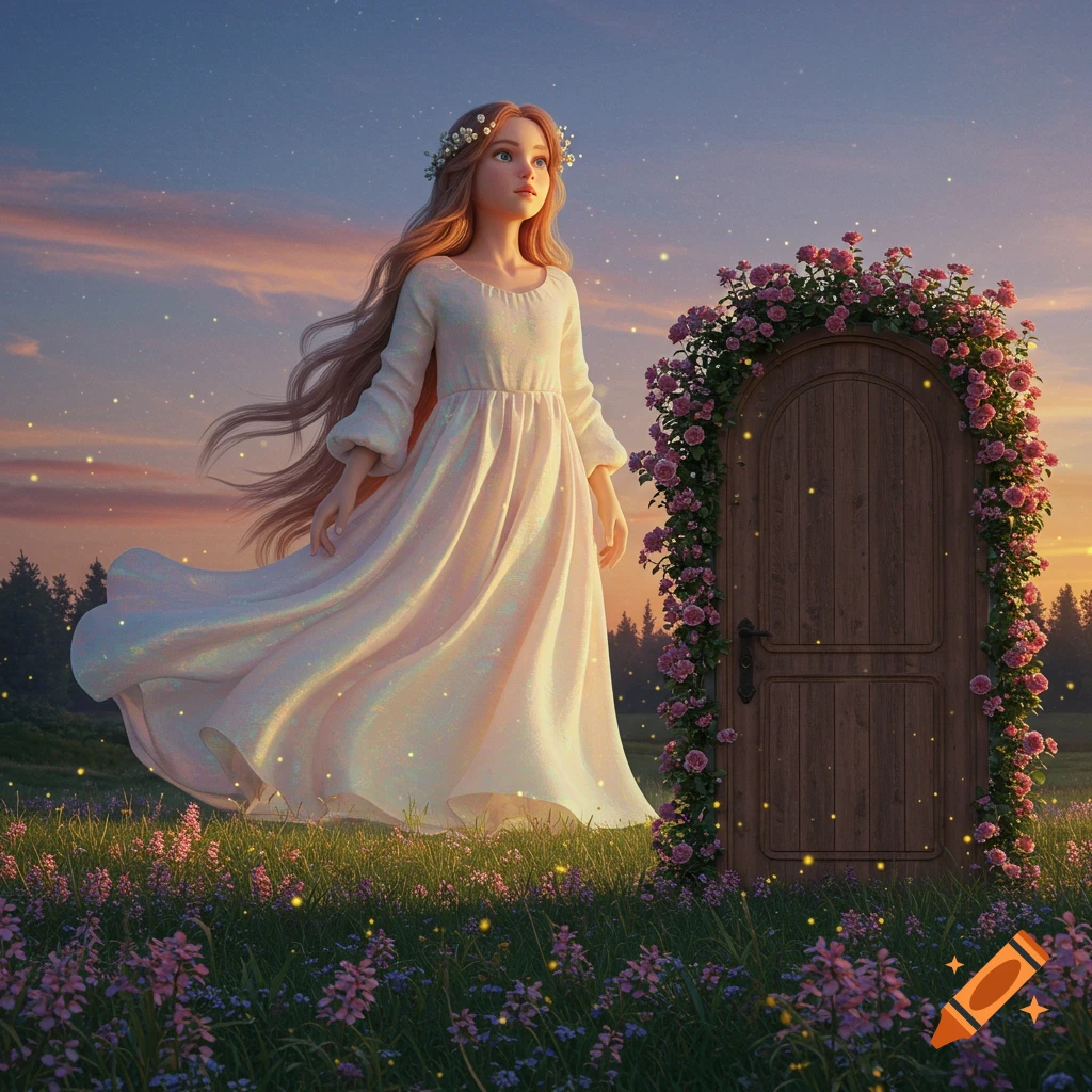 A young girl in a flowing white dress and flower crown stands in a magical field with a rose-covered door at sunset.