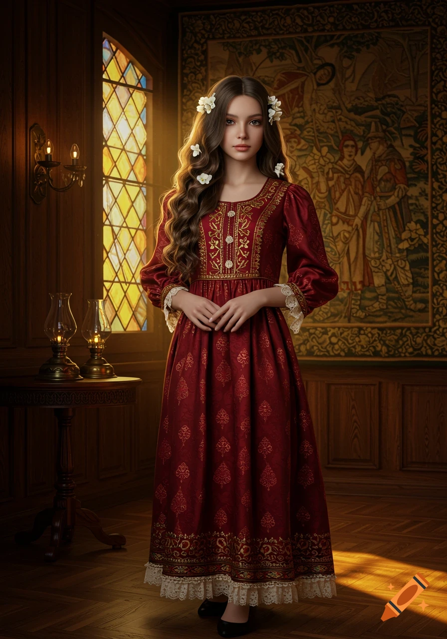 A young woman with long wavy hair and white flowers in her hair stands in a traditional red and gold embroidered dress in a warmly lit room with a stained glass window and tapestry.