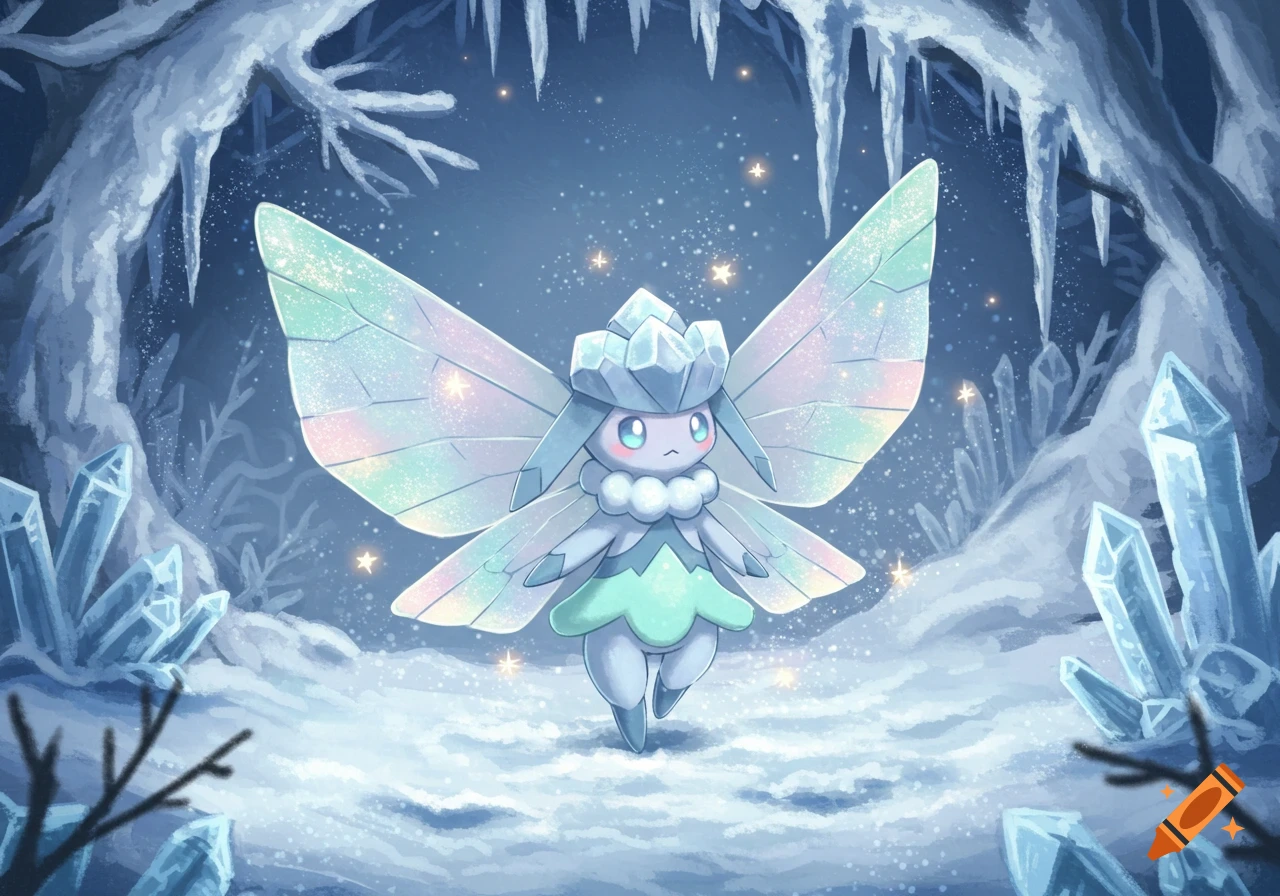 A cute, stylized ice fairy creature with iridescent wings and an ice crown stands in a magical ice cave.