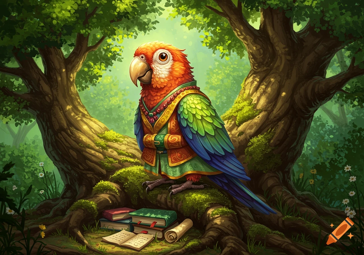 A colorful, robed parrot sits on a mossy tree root in a lush fantasy forest, surrounded by books and a scroll.