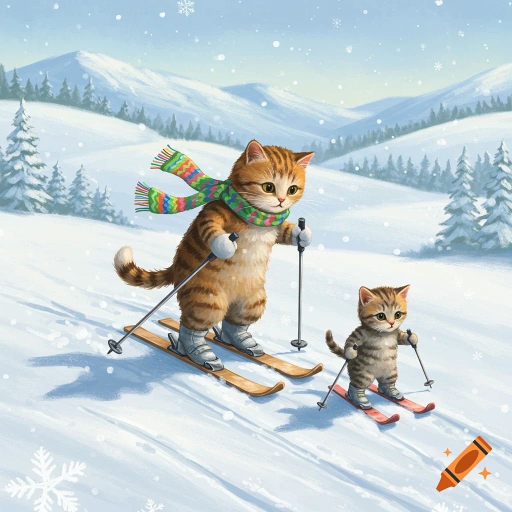 A larger tabby cat and a smaller kitten ski down a snowy mountain slope, with pine trees and mountains in the background, in a whimsical illustration style.