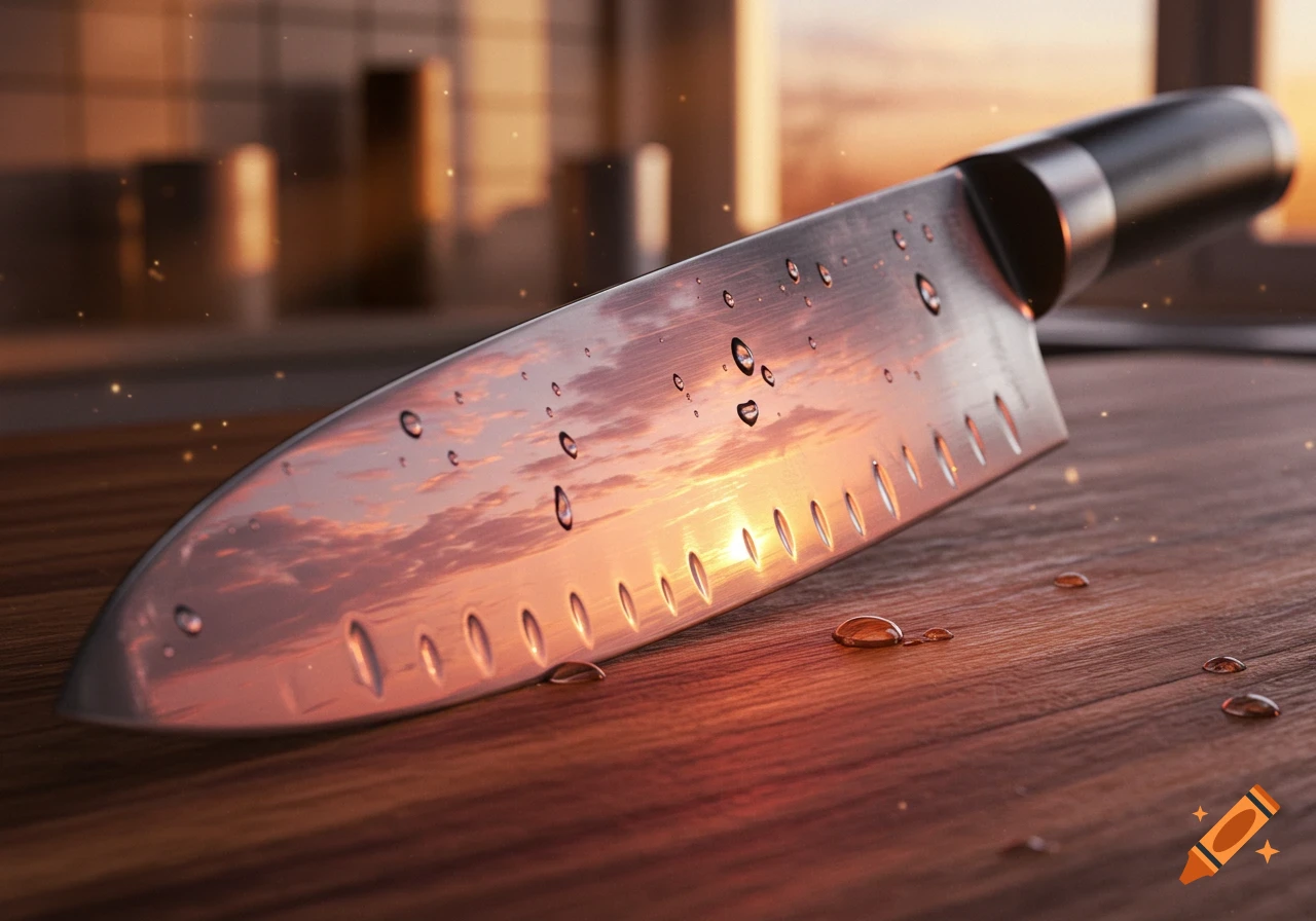 Photorealistic close-up of a kitchen knife with water droplets reflecting a vibrant orange sunrise on its blade, on wood.