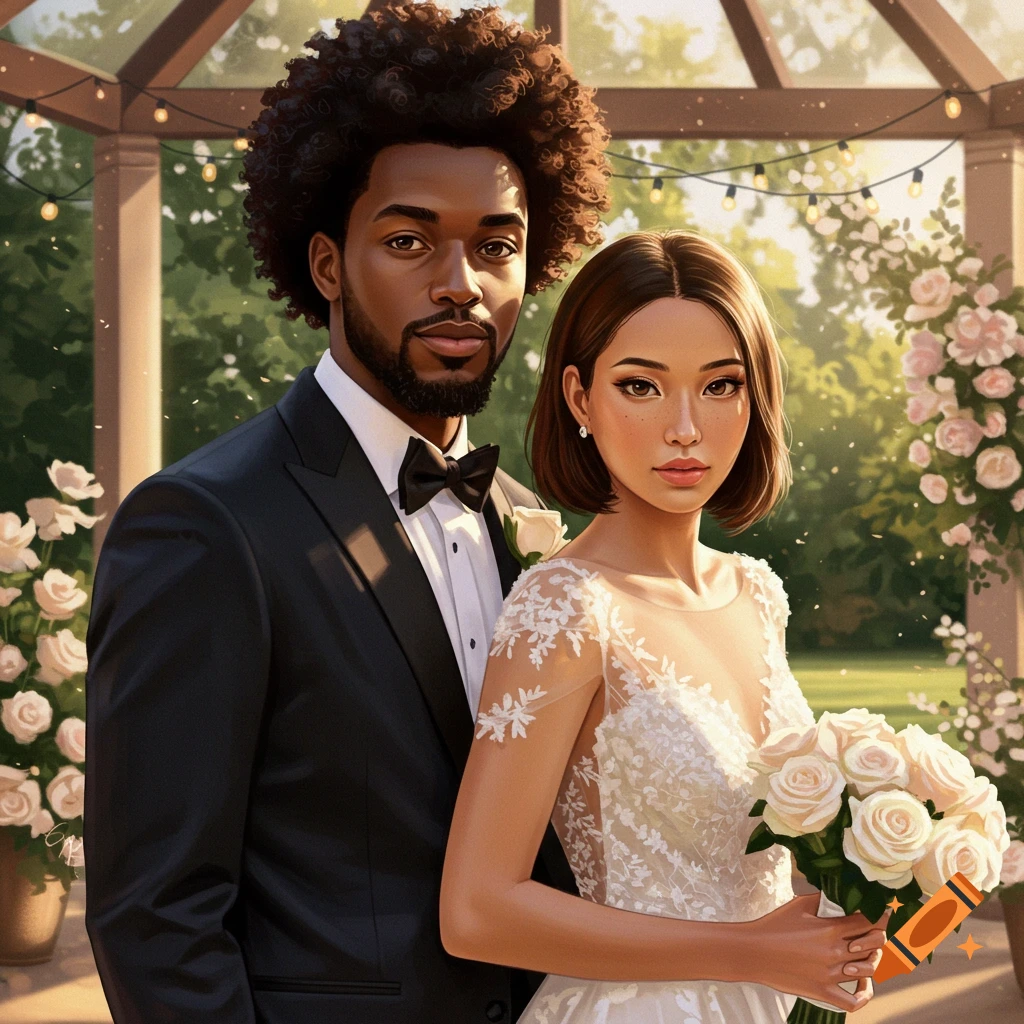 A stylized illustration of a Black man with an afro and beard in a tuxedo next to an Asian woman with short brown hair in a lace wedding dress, holding a bouquet, in a garden gazebo.