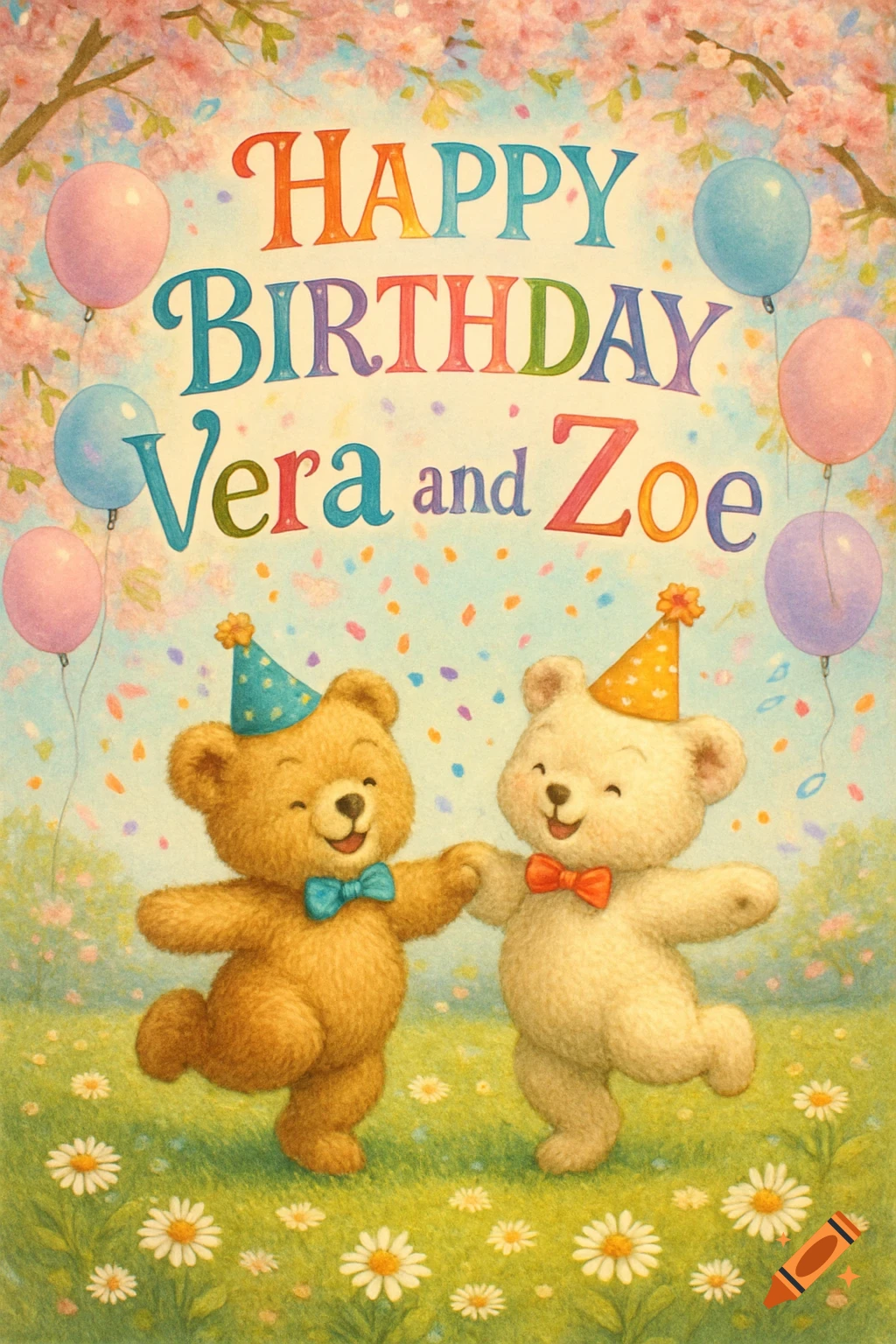 Watercolor-style illustration: Two teddy bears dance with party hats, balloons, daisies. Header reads 'HAPPY BIRTHDAY Vera and Zoe'.