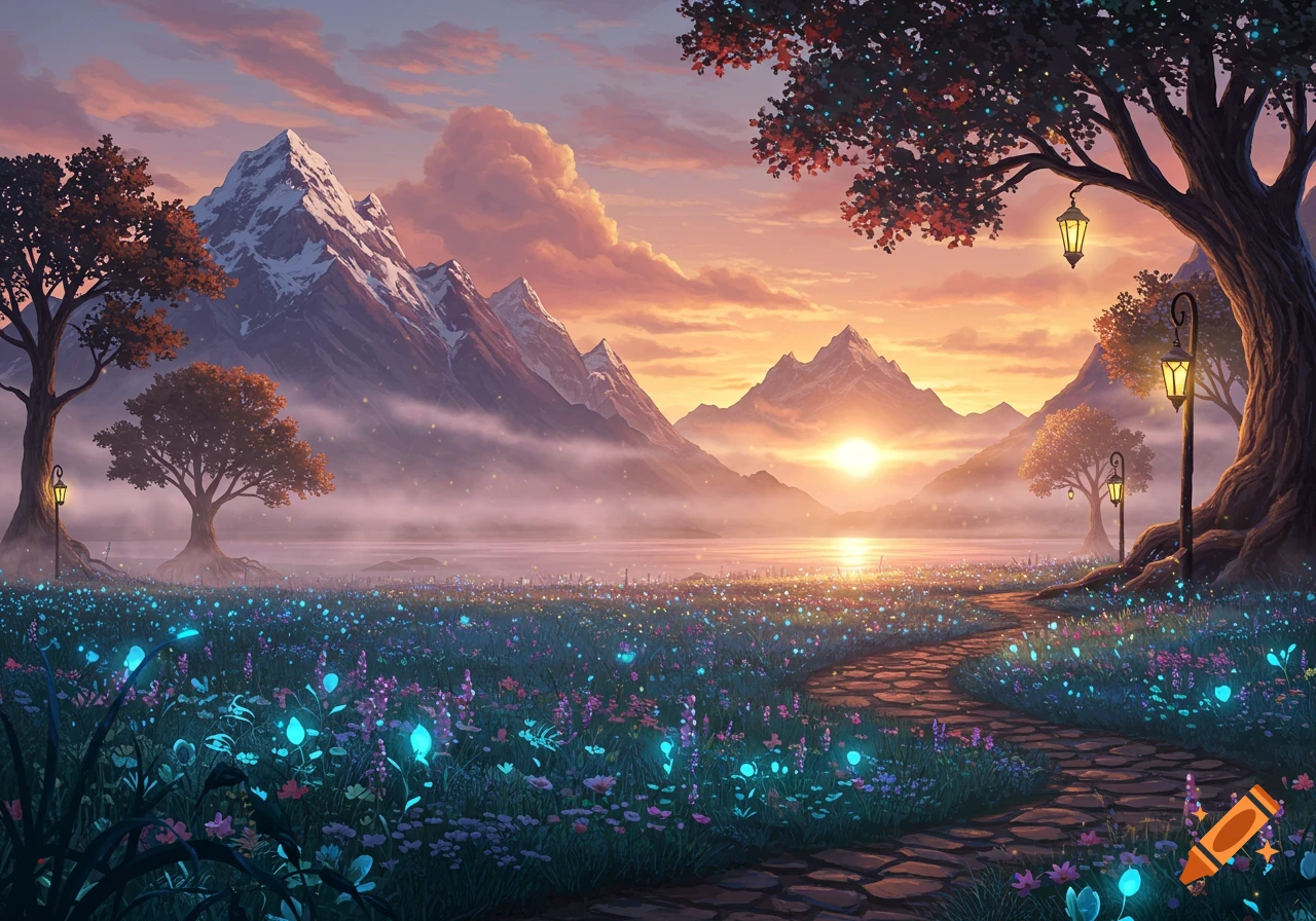 A vibrant fantasy landscape at sunset with snow-capped mountains, a glowing field of flowers, and a winding path.