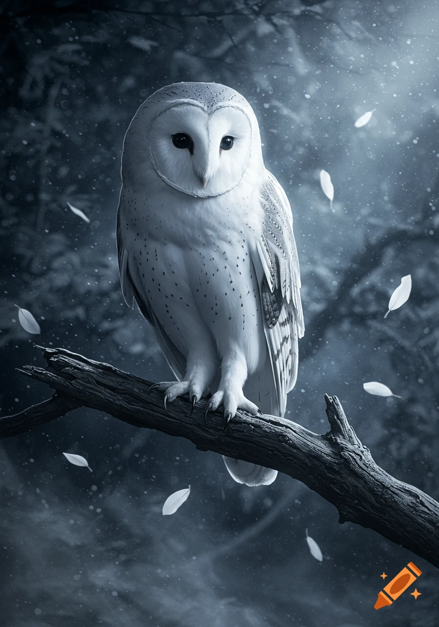 A majestic white barn owl perches on a bare branch in a dark forest under a moonlit sky with falling white flakes, photorealistic.