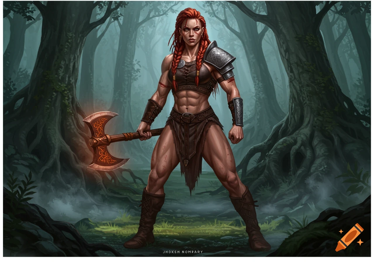 A muscular female warrior with red braided hair, holding a glowing double-bladed axe, stands in a misty forest.
