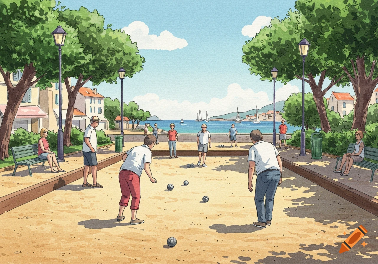 Watercolor illustration of people playing pétanque on a sand court by the sea with sailboats and buildings.