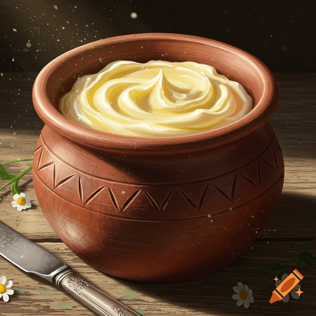 A rustic painting of a clay pot filled with swirled yellow butter, a silver knife, and small white flowers on a wooden table.