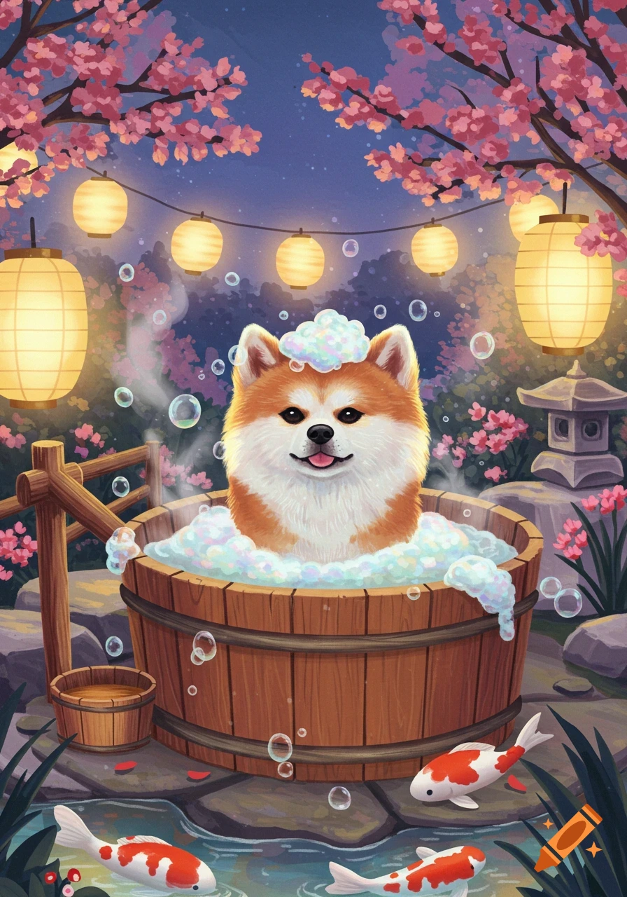 A smiling fluffy dog takes a bubble bath in a wooden tub, surrounded by cherry blossoms, lanterns, and koi fish, whimsical illustration.