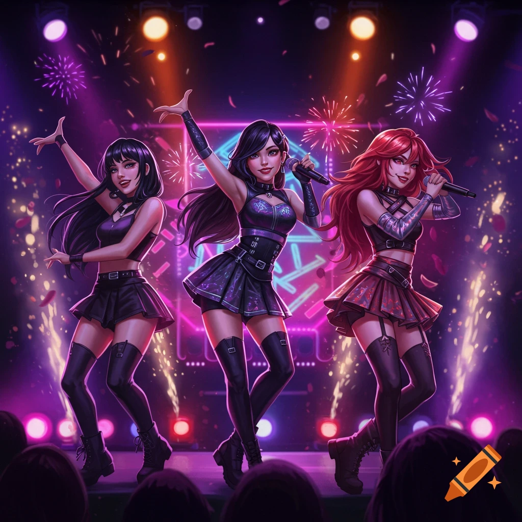 Three anime-style women in dark, edgy outfits sing and dance on a brightly lit stage with fireworks and confetti.
