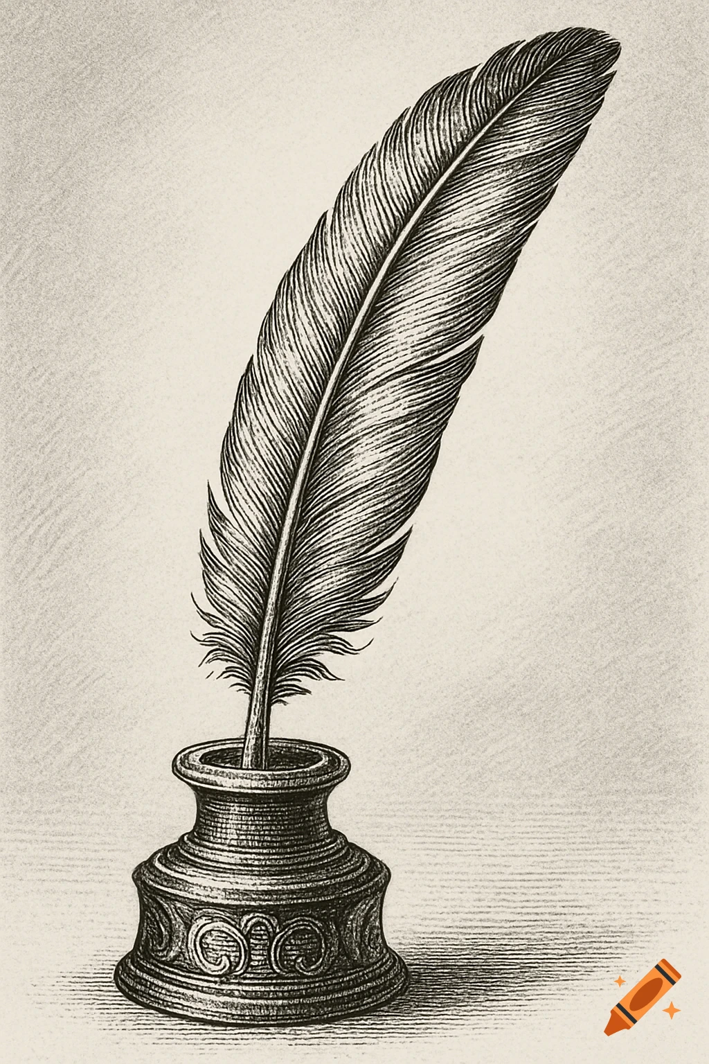 A black and white 18th-century engraving of a detailed quill pen standing in an ornate inkwell, featuring meticulous crosshatching.