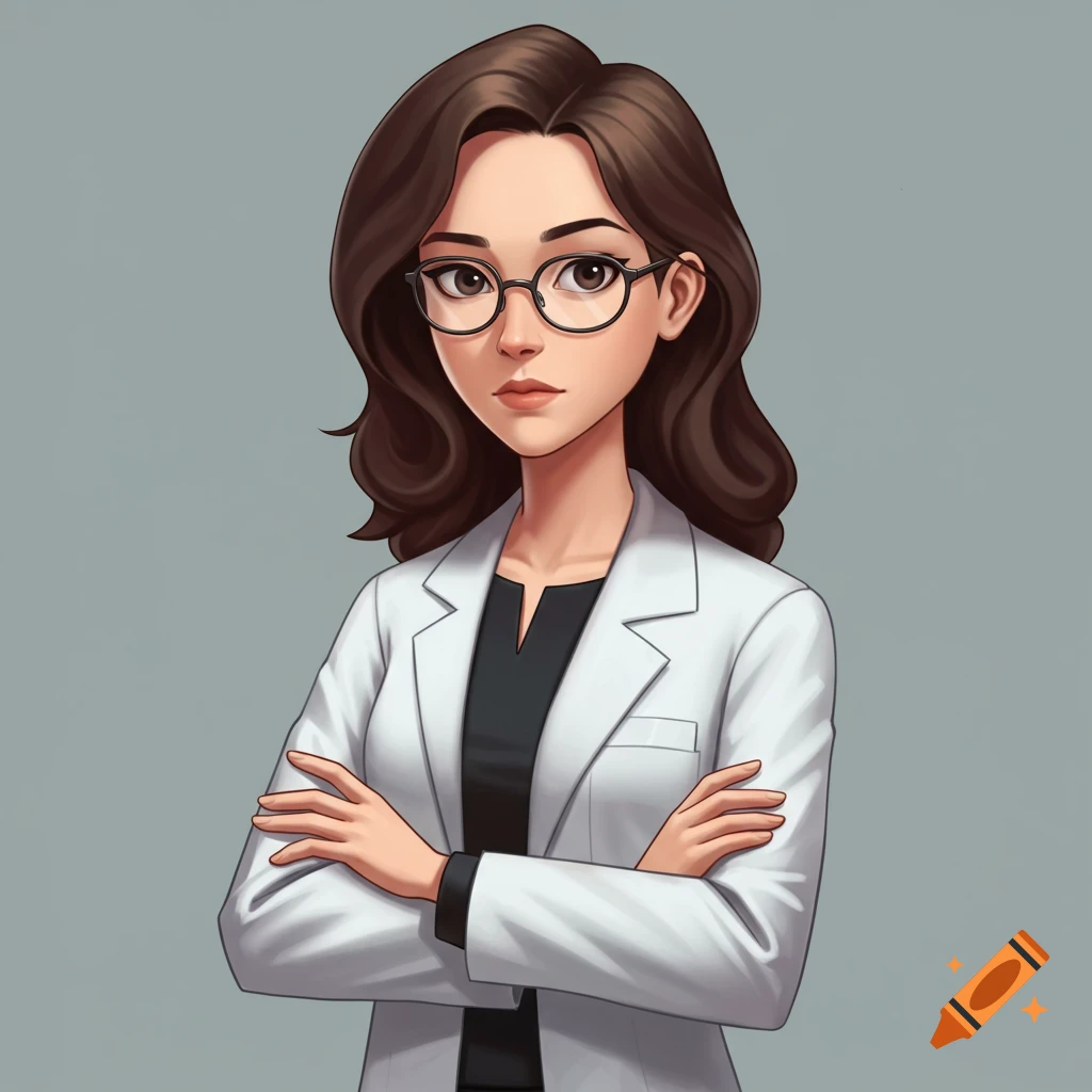 Animated woman with brown hair, glasses, and a white lab coat, standing with arms crossed against a plain gray background.