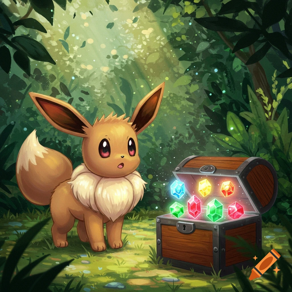 A cute Eevee looking at an open treasure chest filled with glowing colorful gems in a magical forest.