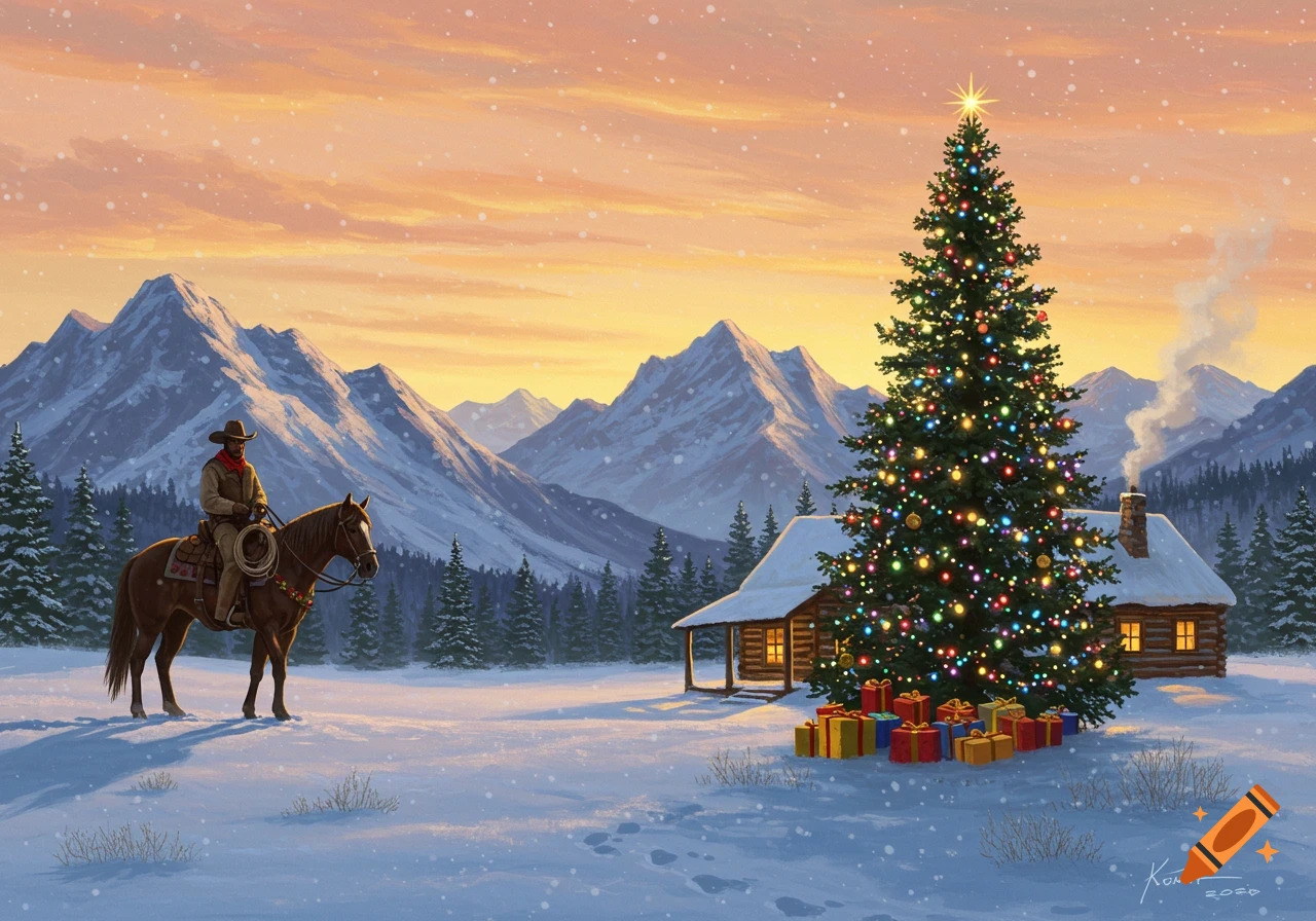 A cowboy on a horse beside a decorated Christmas tree in a snowy mountain landscape with a log cabin, at sunset.