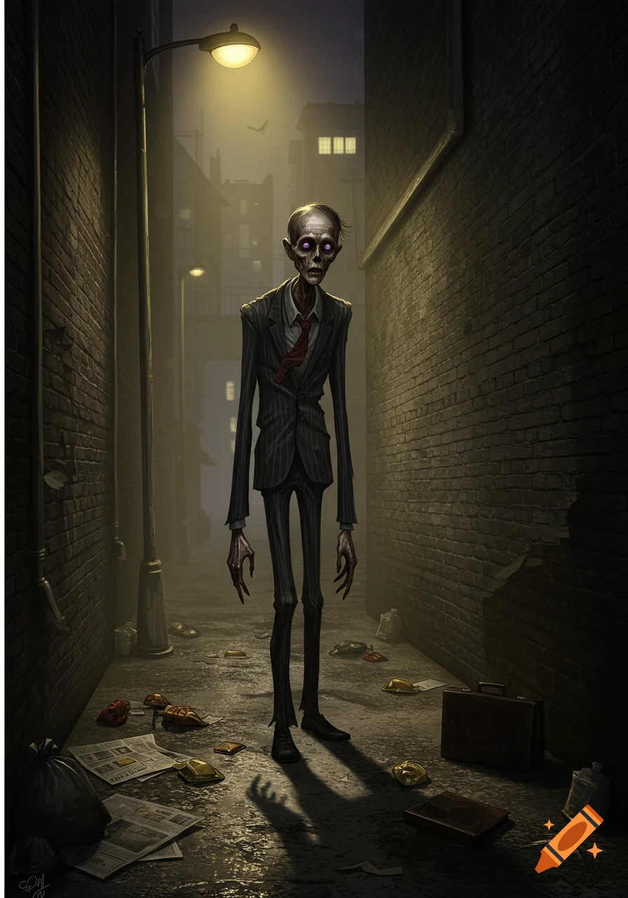 A skinny, gaunt man in a pinstripe suit with glowing purple eyes and long fingers stands in a dark, grimy alley under a streetlamp.