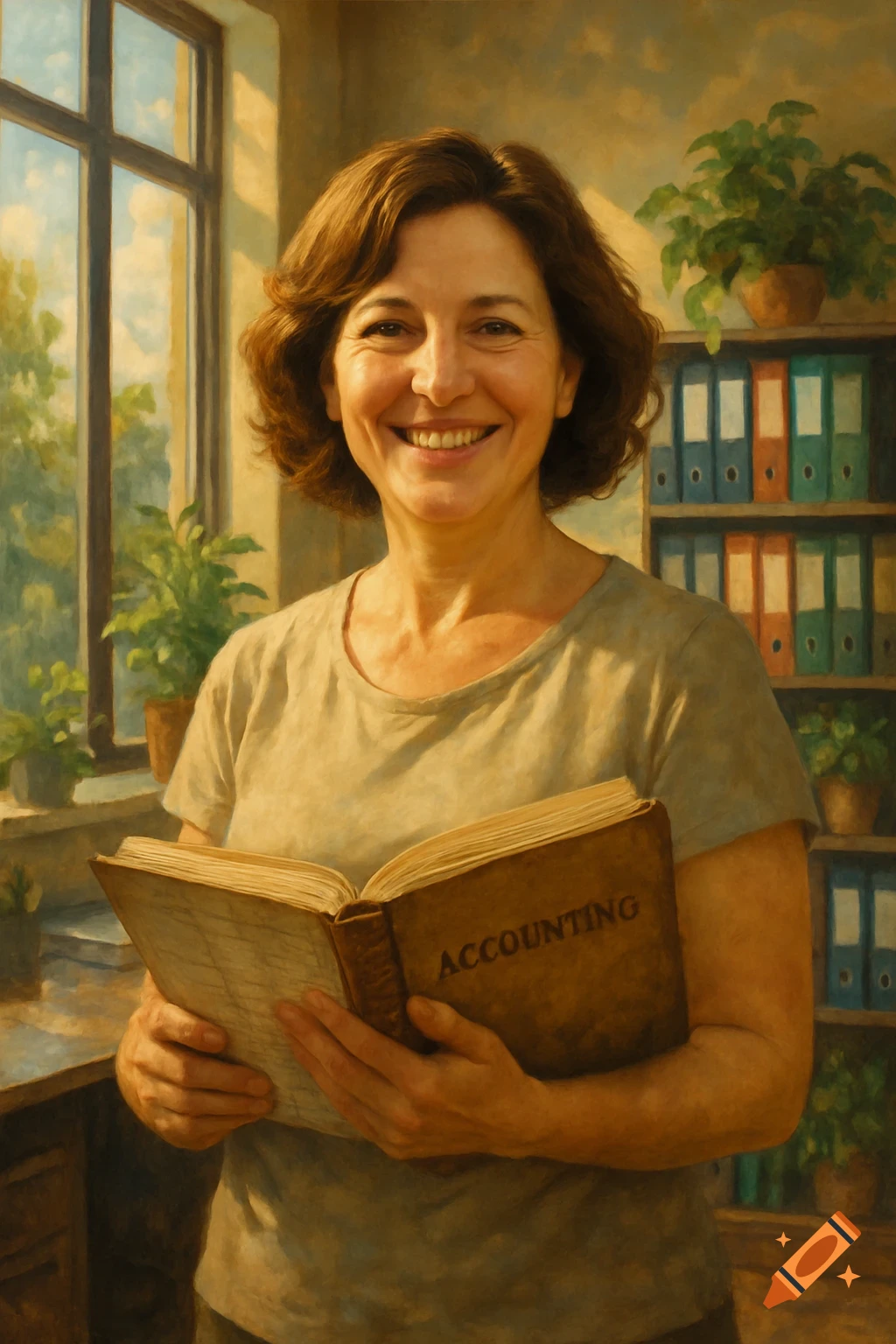 A smiling woman with brown wavy hair holds an open book titled 'Accounting' in a sunlit office, rendered in a painterly style.