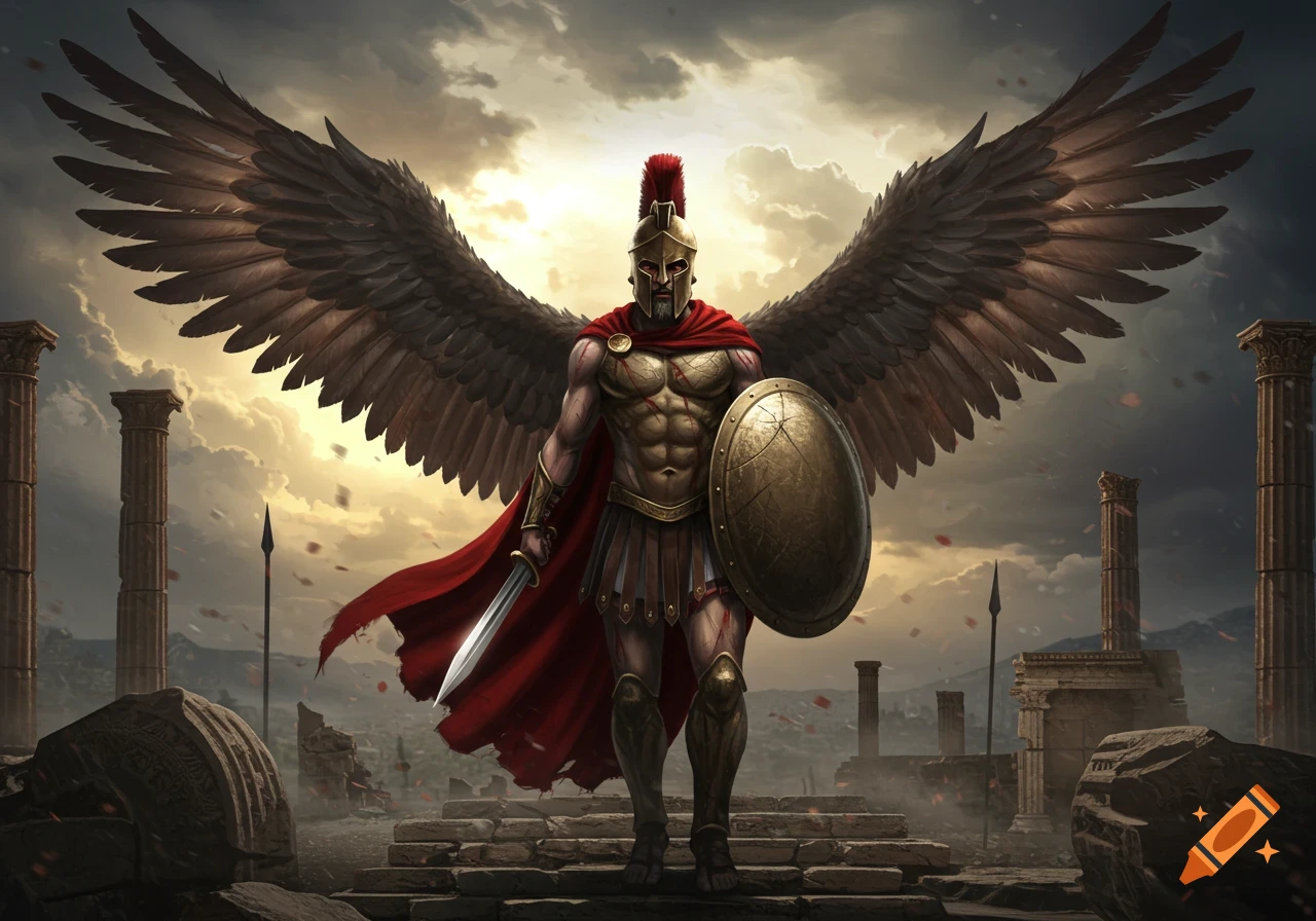 A winged Spartan warrior in gold armor and red cape stands with a sword and shield among ancient ruins under a dramatic sky.