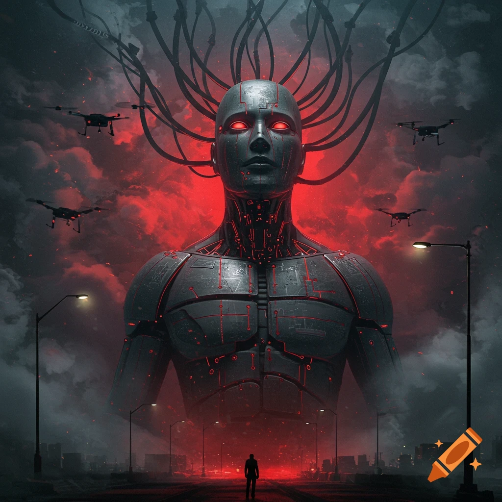 Giant humanoid robot with glowing red eyes and wires, overlooking a dark, dystopian city with drones flying, and a lone person on the street.