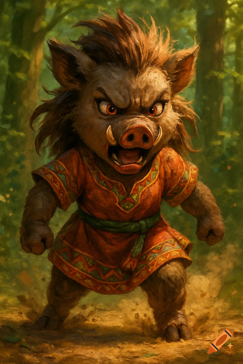 An angry, stylized wild boar baby wearing an orange tunic stomps on the ground in a forest.