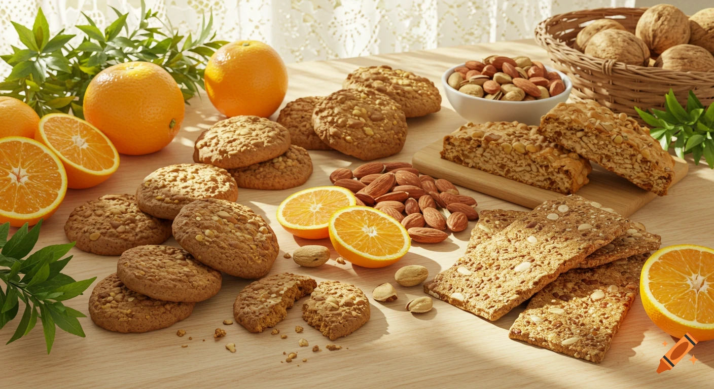 Assortment of cookies, granola bars, crackers, almonds, walnuts, pistachios, and fresh oranges arranged on a light wooden table.
