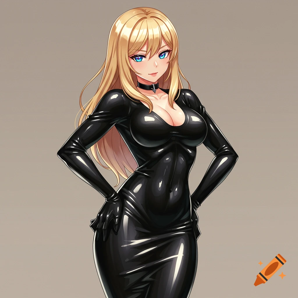 An anime girl with long blonde hair and blue eyes wears a shiny black latex dress, posing confidently against a neutral background.