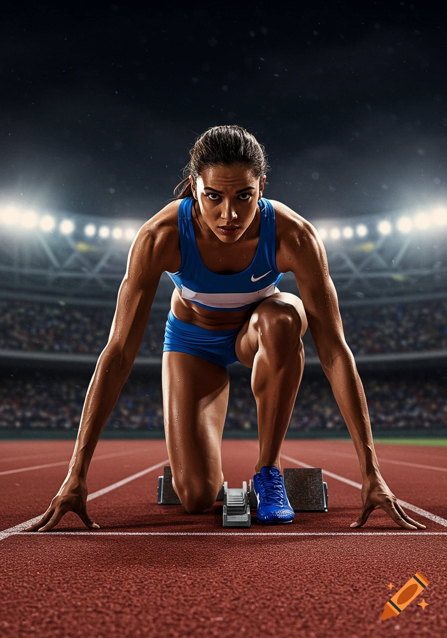A female athlete in blue sportswear kneels at a starting block on a stadium track, intensely focused and ready to run. Photorealistic.