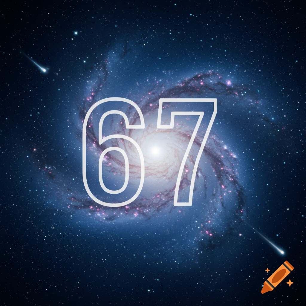 The number 67 in white outline font superimposed over a vibrant spiral galaxy with shooting stars.