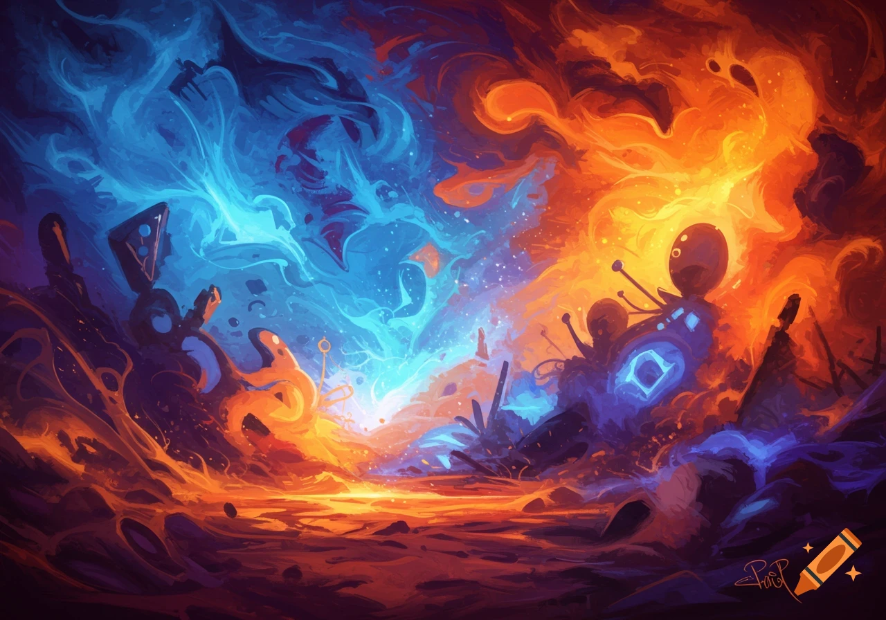 Vibrant abstract landscape with swirling blue and orange energy, abstract forms, and a central glowing area, in a digital painting style.