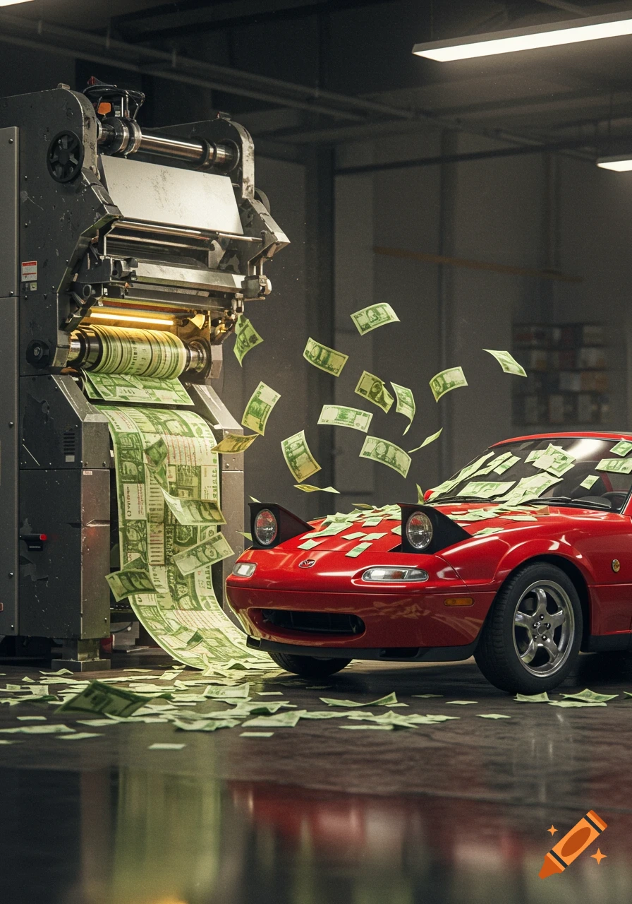A money printing machine spews bills onto a red Mazda MX5 NA sports car in an industrial setting.