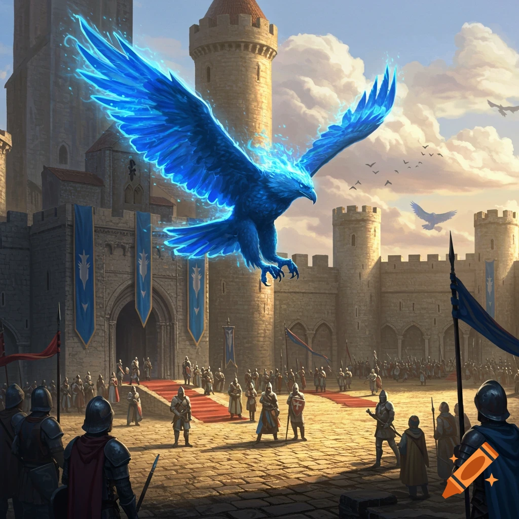 A majestic glowing blue eagle with fiery wings flies above a medieval castle, with knights and people gathered below.