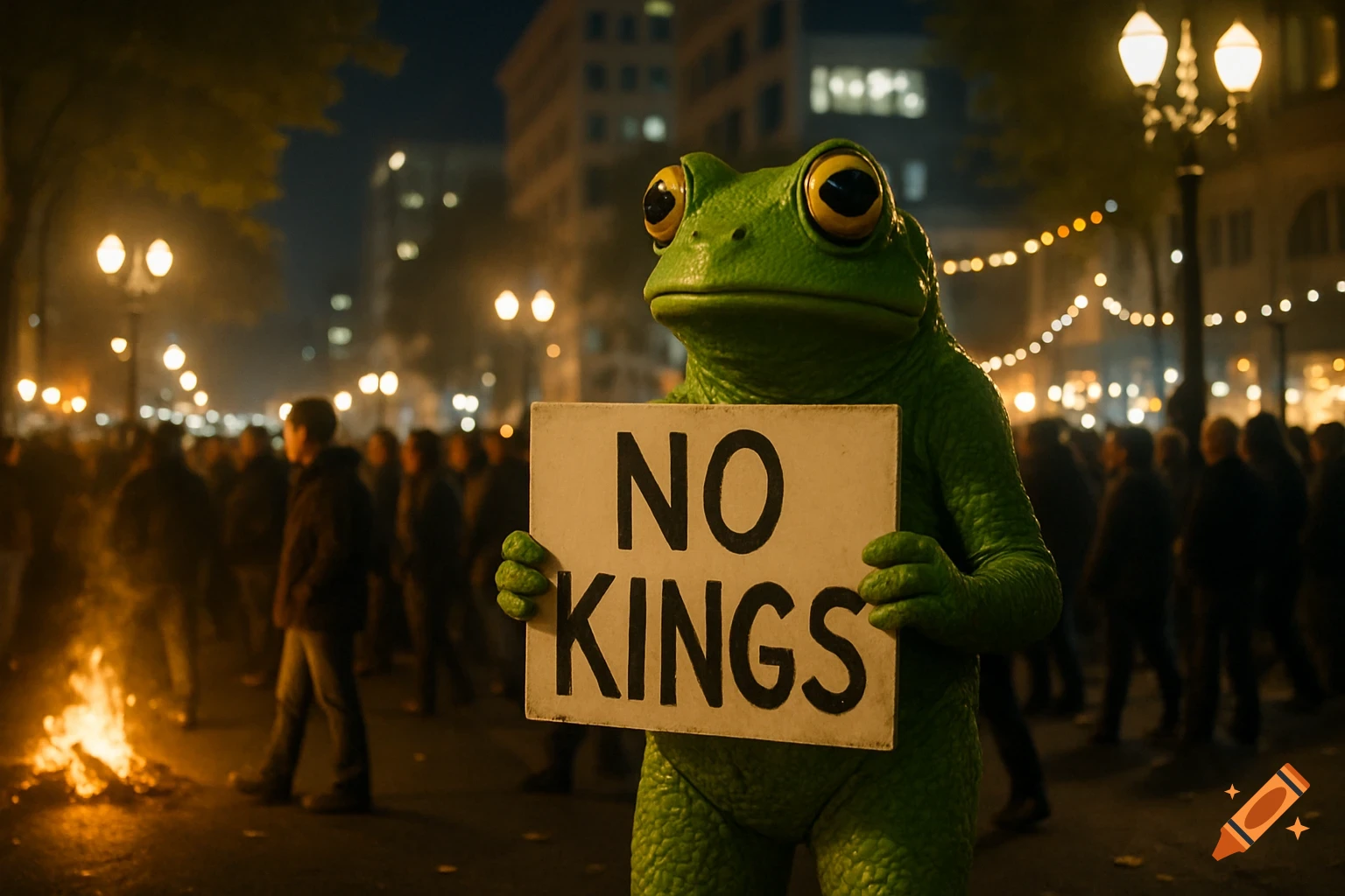 A large green frog holding a "NO KINGS" sign stands at a crowded night protest with streetlights and a small fire burning in the foreground.
