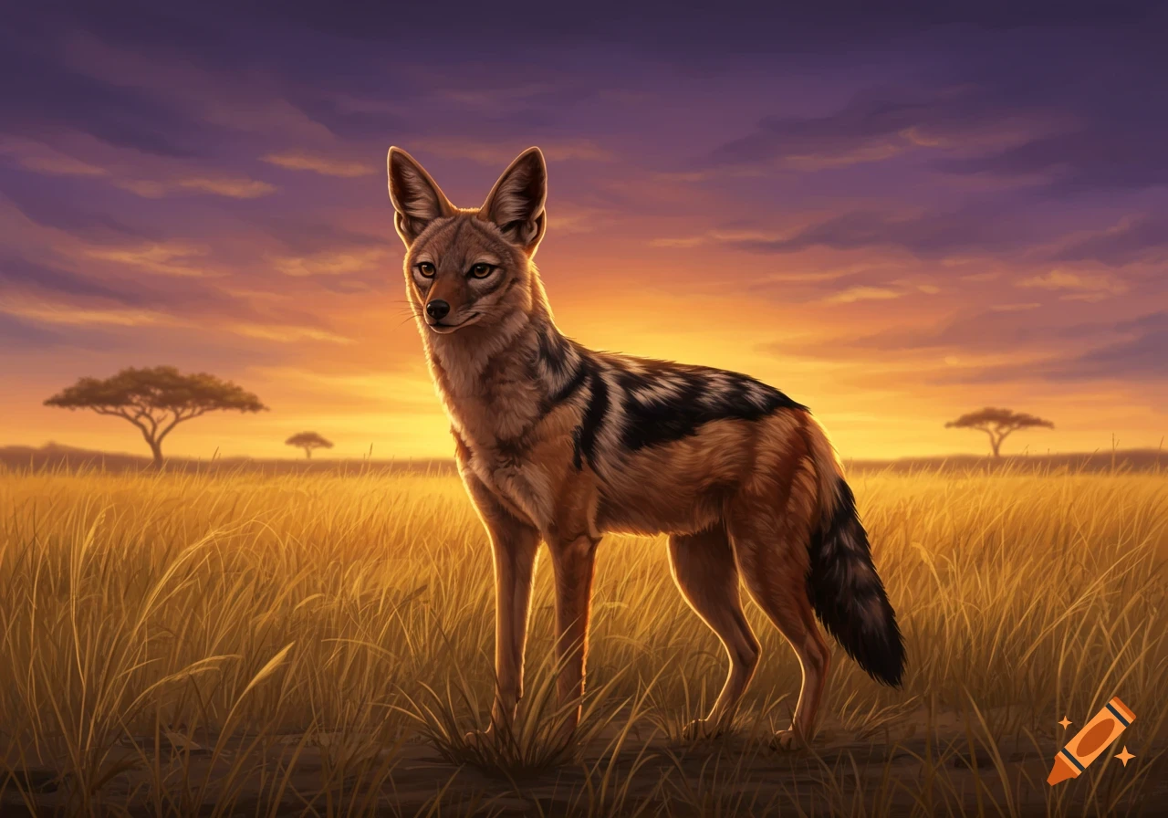 A side-striped jackal stands alert in a golden savanna field at sunset, with acacia trees in the background.