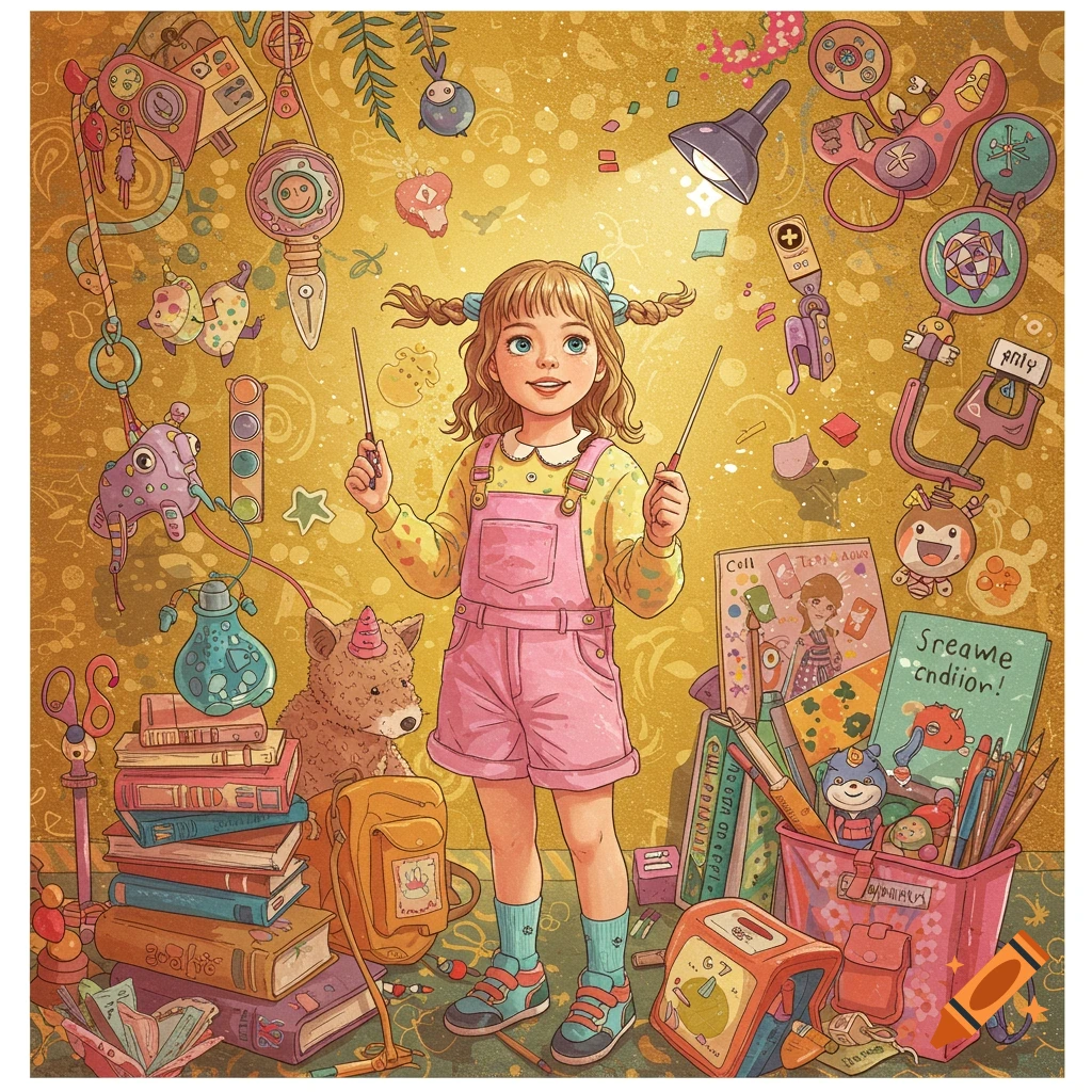 A whimsical illustration of a smiling girl with pigtails and pink overalls, holding two wands. She is surrounded by fantasy-themed school supplies like books, pens, and magical objects on a golden background.