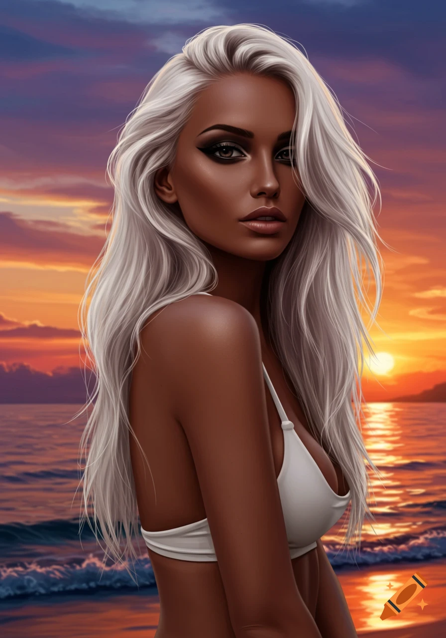 Illustrative portrait of a woman with long white hair and dark tan skin wearing a white bikini top at sunset on a beach.
