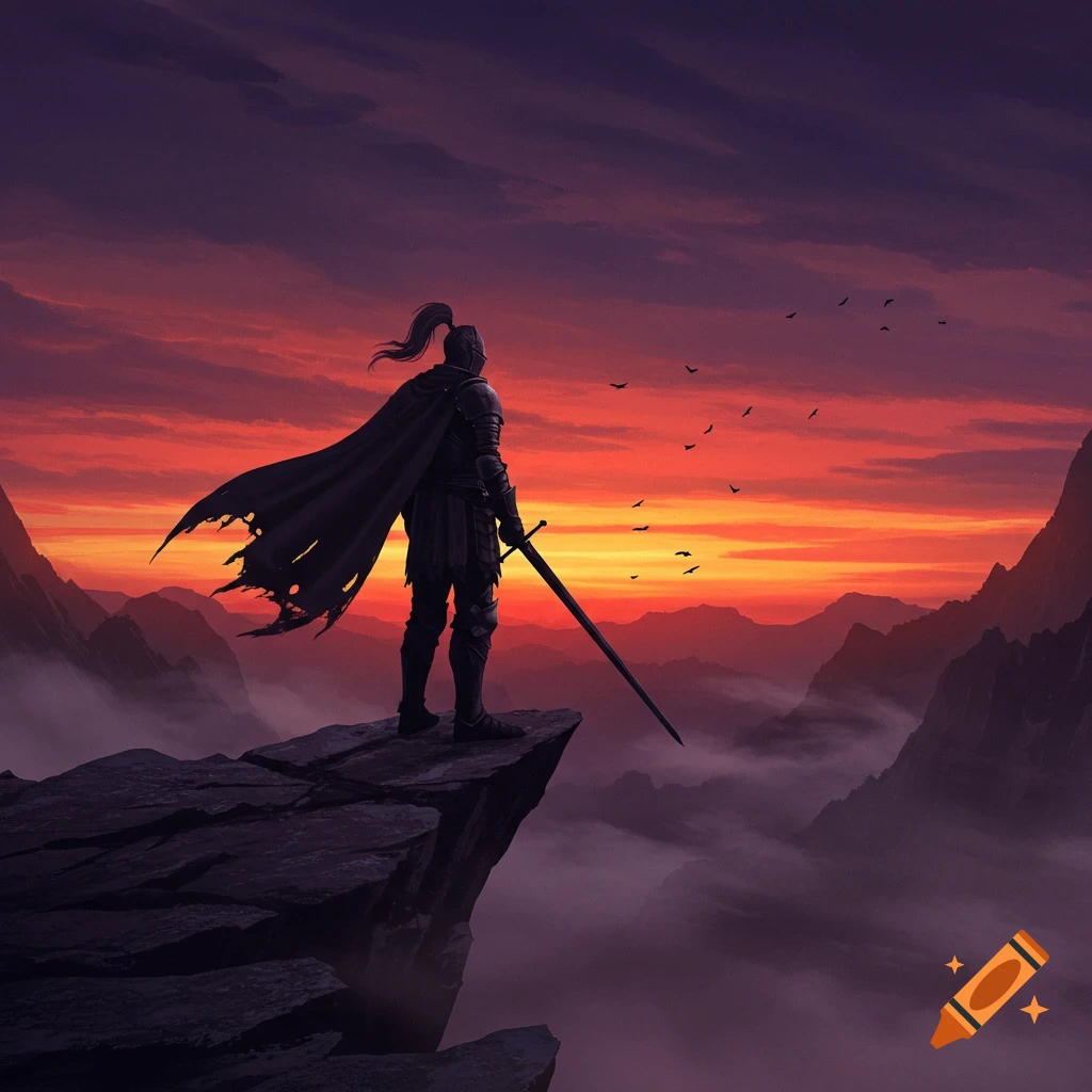 A lone knight in dark armor and a tattered cape stands on a cliff, overlooking a misty mountain landscape at sunset.