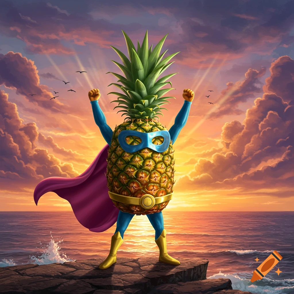 A pineapple dressed as a superhero, complete with a mask, cape, and boots, stands triumphantly on a rock overlooking the ocean at sunset.