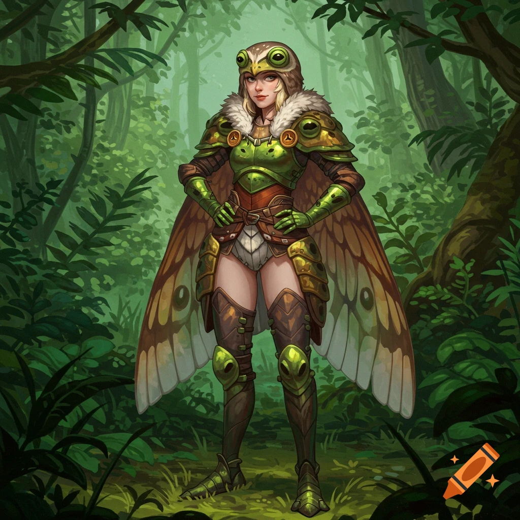A blonde woman in green and brown frog-patterned armor with moth wings and an owl helmet stands in a lush forest. Illustrated.
