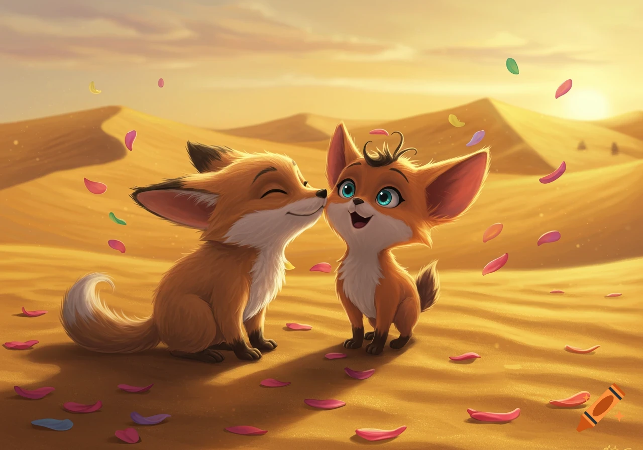 Two cute cartoon foxes show affection in a sunny desert with scattered colorful petals.