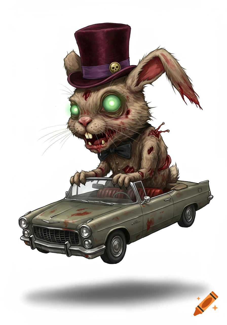 A stylized zombie rabbit wearing a top hat and bowtie, with glowing green eyes and visible wounds, drives a blood-splattered vintage convertible car against a white background.