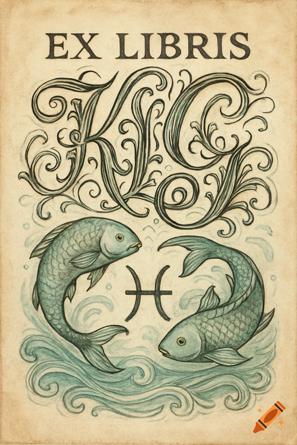 Vintage Ex Libris illustration with ornate 'K L G' lettering, two stylized fish, and the Pisces symbol amidst waves on aged paper.