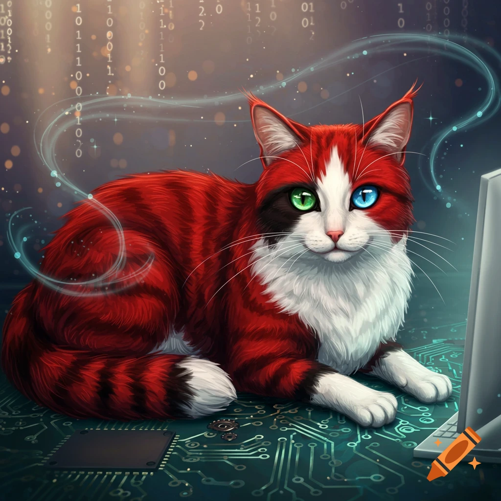 A red, black, and white striped cat with one green eye and one blue eye lies on a circuit board next to a computer monitor, with binary code in the background.