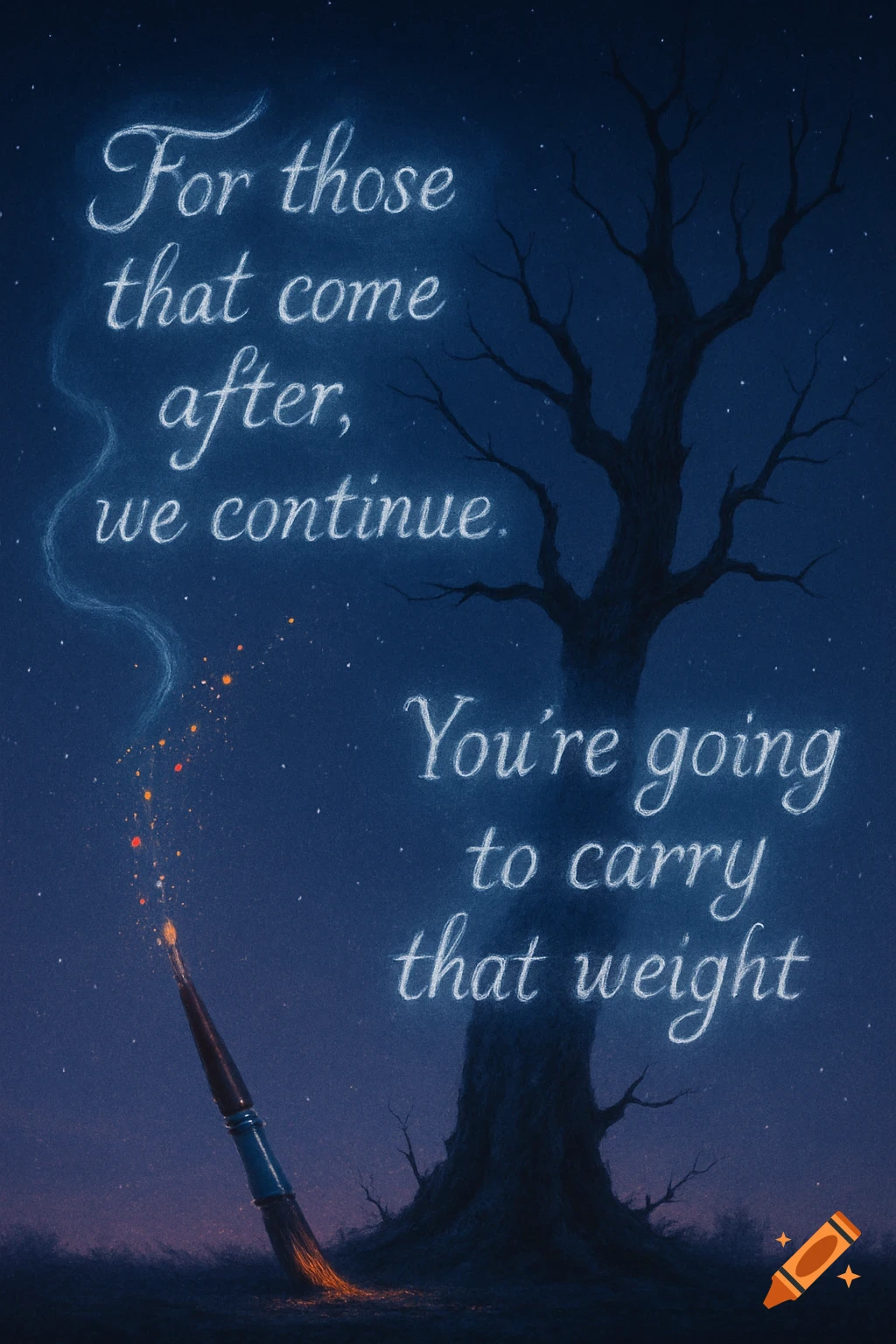 Chalk drawing of two quotes, a dark tree, and a glowing paintbrush under a starry night sky.