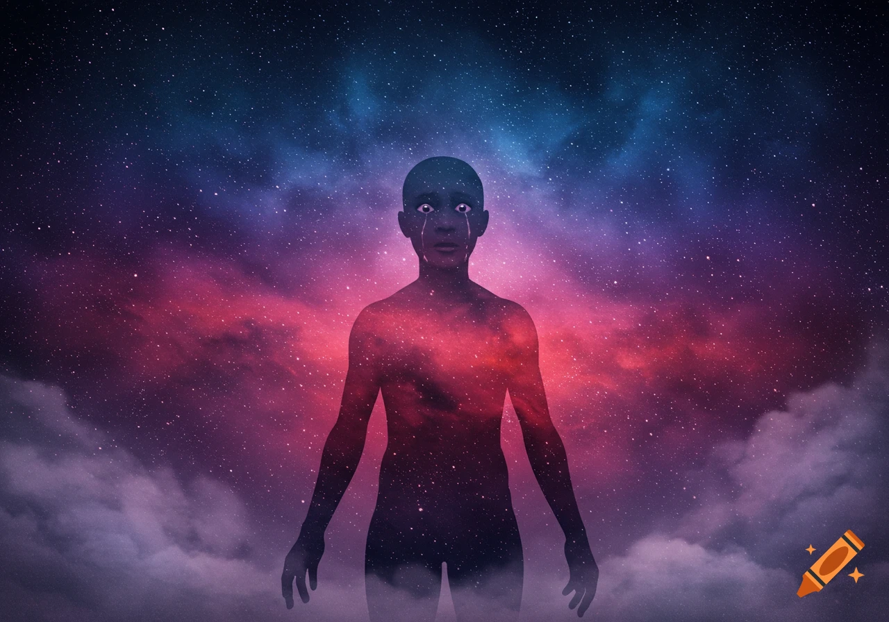 A silhouetted human figure with large, teary eyes stands against a vibrant, starry galaxy background with red and blue hues and clouds at the bottom.