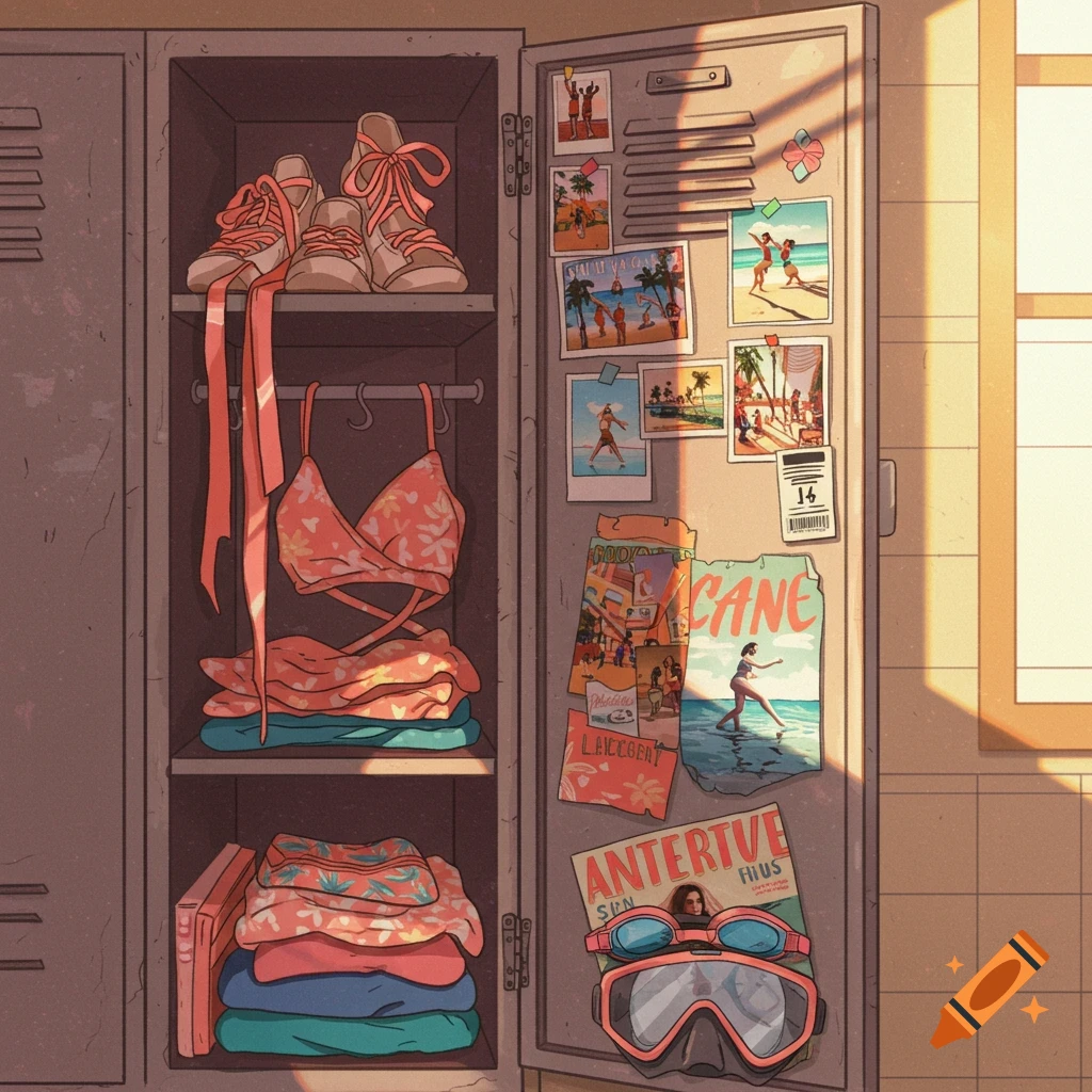 An open American locker filled with personal items, including sneakers, a bikini top, folded clothes, photos of beach scenes and people swimming/dancing, posters with text, and swim goggles. Sunlight streams across the items.