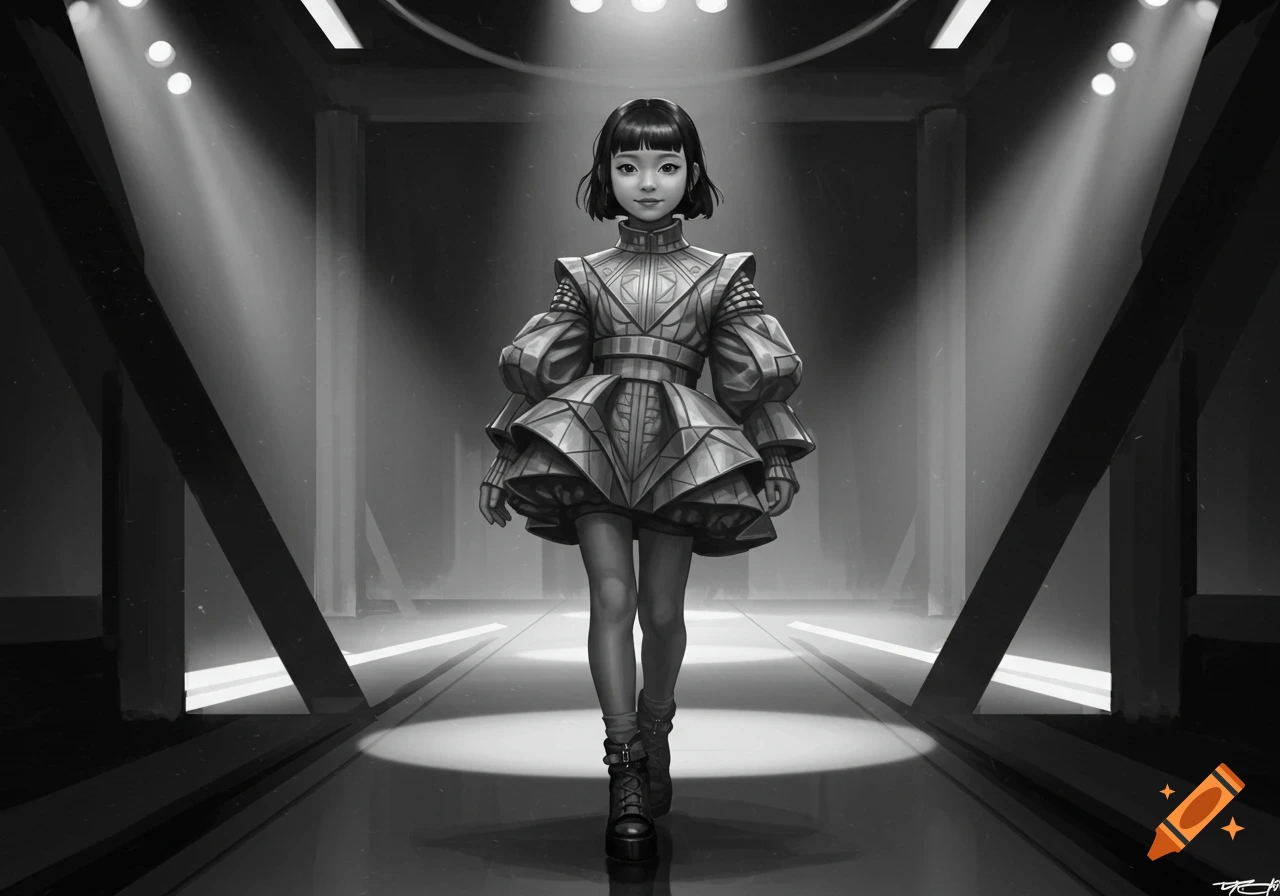 A young girl walks on a spotlighted runway in a detailed, geometric, futuristic dress in a grayscale illustration.